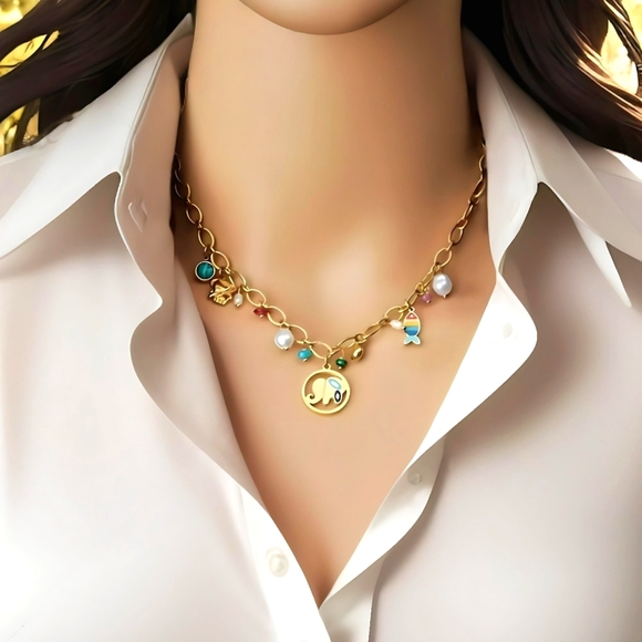 🆕18K Gold Plated Colorful Elephant Turquoise Fish Pearl Charm Necklace + Gift🎁 - Picture 11 of 15